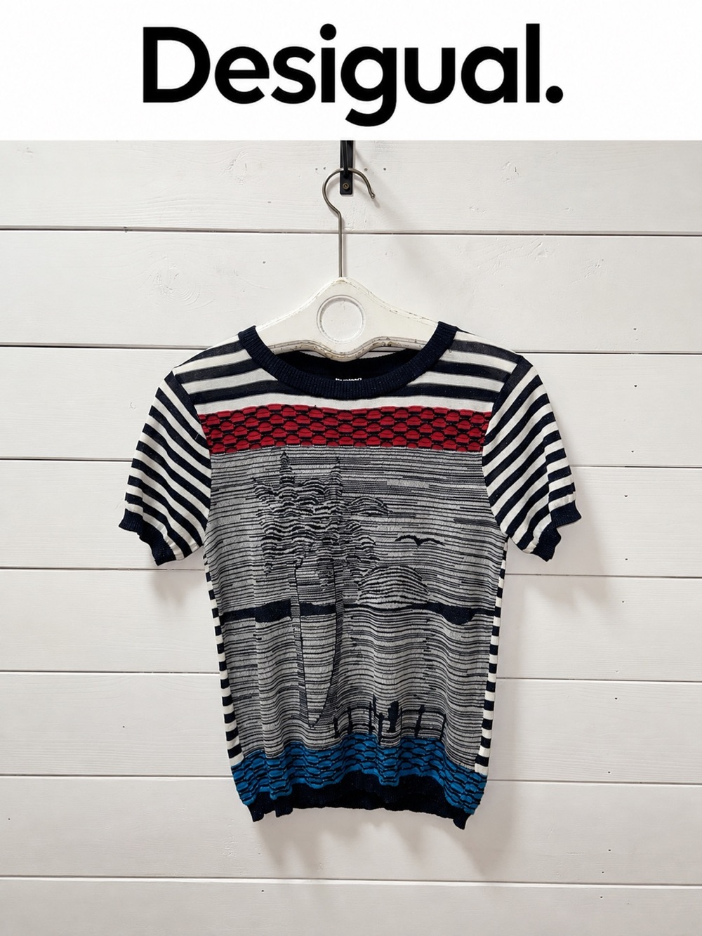 Desigual Abstract Graphic Knit Top Navy Multi Size M